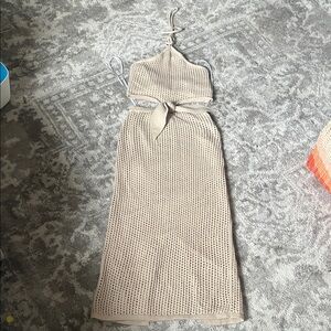 Lulu's Beige Crochet Halter Maxi Dress with Tie Waist